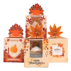 an assortment of thanksgiving greeting cards in boxes