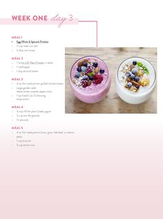 the menu for a breakfast is shown with an image of berries and yogurt