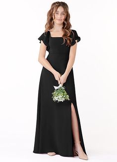 a woman in a black dress holding a bouquet