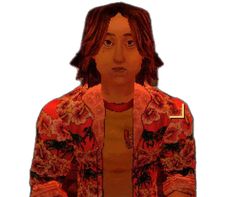 an animated image of a man with long hair wearing a red shirt and floral jacket