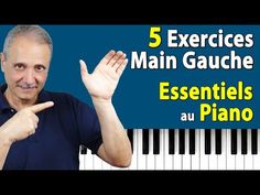 a man holding his hand up in front of a piano keyboard with the words 5 exercises main