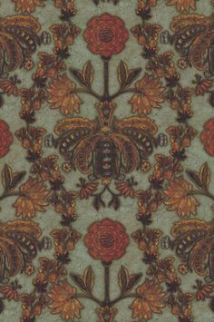 an ornate pattern with flowers and leaves on a gray background in shades of red, orange, yellow and brown