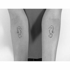 two small tattoos on both arms with seahorses in the middle one is black and white