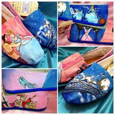 several pictures of shoes with disney characters painted on the inside and outside of each shoe