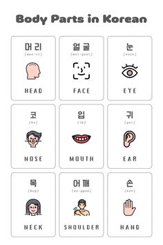 the body parts in korean and english are shown with different symbols on each one side