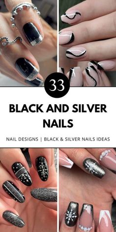 Elevate your nail game with glittering black and silver designs. Short or almond, mix with red and blue touches for stunning results. Check out more ideas! Black Silver Nails, Black Nail Designs, Silver Nails, Hot Nails, Bling Nails, Cool Nail Designs