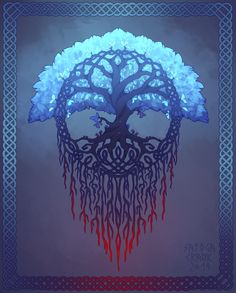 a blue tree with red and white flowers on it's head is surrounded by celtic designs