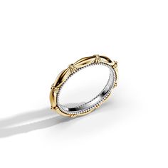 a gold and silver ring on a white background with the shadow coming from behind it