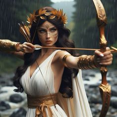 a woman dressed in white and gold holding an arrow with her right hand while standing on rocks