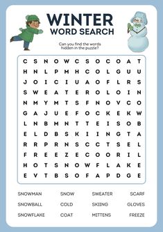 the winter word search is shown with an image of a snowman and a man