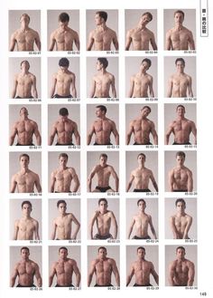 the male body is shown in many different positions and sizes, with multiple pictures on each side