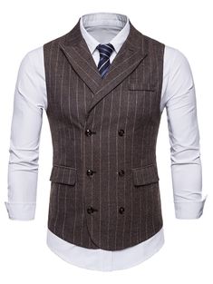 Striped Print Double Breasted Waistcoat  COFFEE DARK GRAY , #affiliate, #Double, #Breasted, #Striped, #Print, #DARK #Ad Mens Argyle Sweater, Mens Down Vest, Denim Vest Men, Stripe Vest, Men Art, Sweater Vest Mens