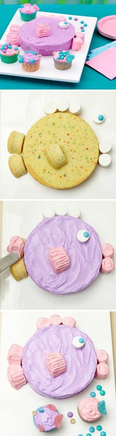 three different pictures of cakes and cupcakes with icing on them, one is purple