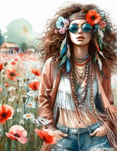 a painting of a woman with sunglasses and flowers in her hair standing in a field