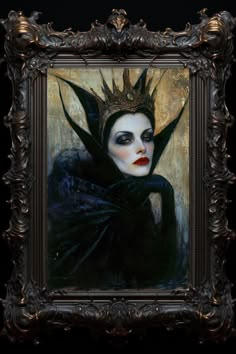 an oil painting of a woman wearing a crown and black dress with white makeup on her face