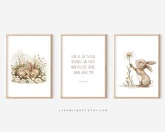 three watercolor paintings of rabbits and flowers with the words, you always sit there