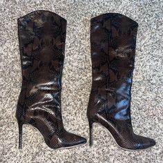 Lightly Worn, Maybe Two Times, Brown Snakeskin Like, Leather Bottom 3” Heel, 11” Top Of Calve, Fanc$Y Comes With Shoe Bag Brown Heeled Boots With 4-inch Heel For Fall, Brown Boots With 4-inch Heel And Medium Width, Elegant Heeled Boots With Snake Print And Pointed Toe, Elegant Snake Print Heeled Boots With Pointed Toe, Luxury Brown Heeled Boots Medium Width, Luxury Brown Medium Width Heeled Boots, Brown High Heel Boots With 4-inch Heel, Brown Party Boots With Reinforced Heel, Elegant Brown Heeled Boots For Night Out