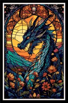 a cross stitch pattern with a blue dragon on it's face and flowers in the background