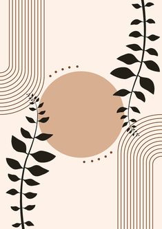 an abstract background with black and white leaves on it's sides, in front of a beige circle