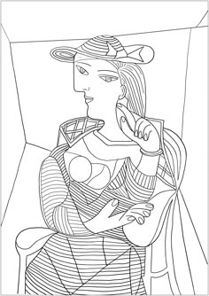 a black and white drawing of a woman with a hat on her head holding an object