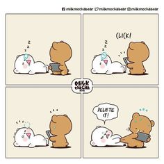 a comic strip with two bears talking to each other and one bear laying on the ground