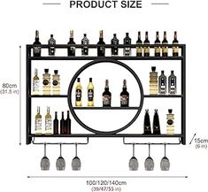 the wine rack is full of bottles and glasses, as well as measurements for each bottle