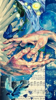 two hands reaching for each other over music notes and an image of the earth with butterflies