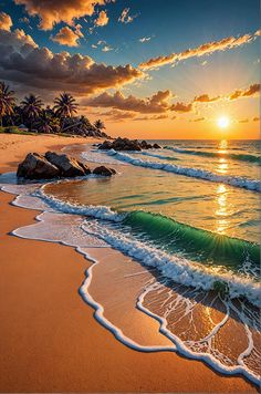 the sun is setting over the ocean with waves crashing on the shore and palm trees in the background