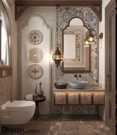 a bathroom with an ornately decorated sink and mirror