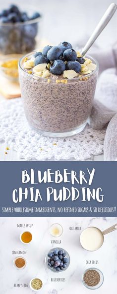 blueberry chia pudding recipe in a glass bowl with spoons and ingredients to make it