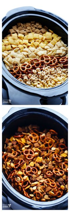 two pictures showing the process of making an appetizer with pretzels in it