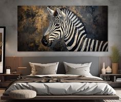 a zebra is standing in front of a painting on the wall above a large bed