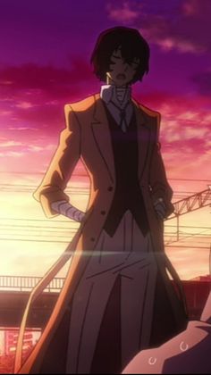 an anime character is standing in front of the sunset with his hands on his hips