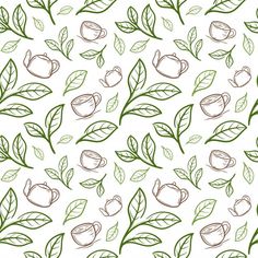 green leaves and teapots on a white background seamless pattern stock photo - budget conscious