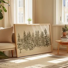 a living room filled with furniture and a painting on the wall next to a window