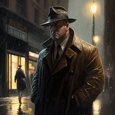 a man in a trench coat and hat standing on a city street