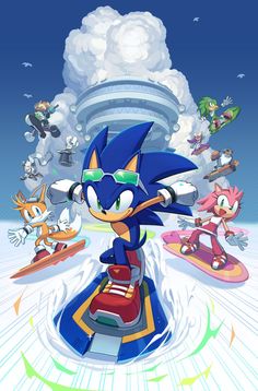 sonic the hedge is riding on a snowboard in front of other cartoon characters and clouds