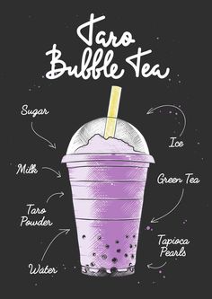 a drawing of a purple bubble tea with its ingredients labeled in english and japanese words