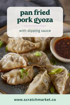 a pan fried pork gyoza on a plate with dipping sauce next to it