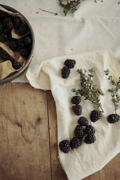 blackberries on a white cloth next to a metal bowl with green sprigs