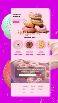 the website for donuts is displayed on a pink background with sprinkles