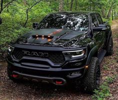 a black truck parked in the middle of a forest with its hood up and lights on