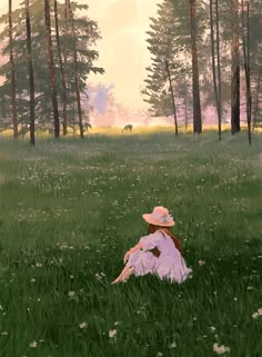 a painting of a woman sitting in the middle of a field with trees behind her