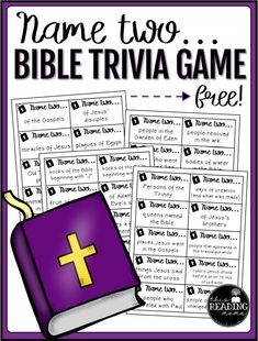 the name two bible trivia game is shown in purple and yellow with an image of a