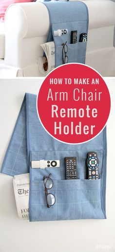 an arm chair with remotes and other items on it