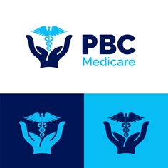 the logo for pbc medicare is shown in blue and white, with two hands holding a cadus symbol