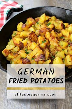 german fried potatoes in a cast iron skillet on a wooden table with text overlay