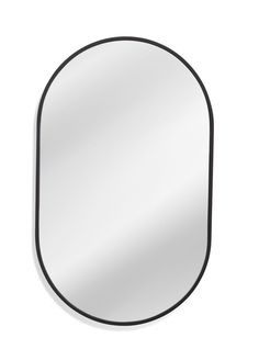 an oval mirror with black frame on a white wall