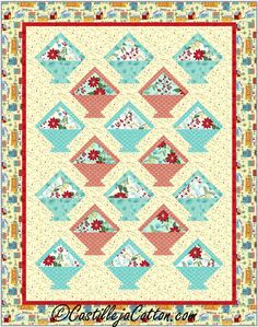 a quilted table topper with flowers and leaves on the border, in blue and red