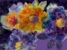 an abstract painting of colorful flowers on a purple background